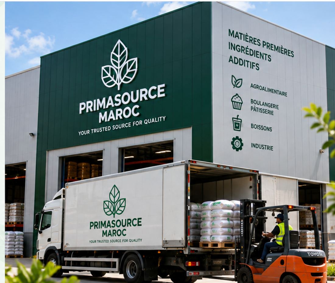 Entrepôt Primasource Maroc et camion de livraison de matières premières